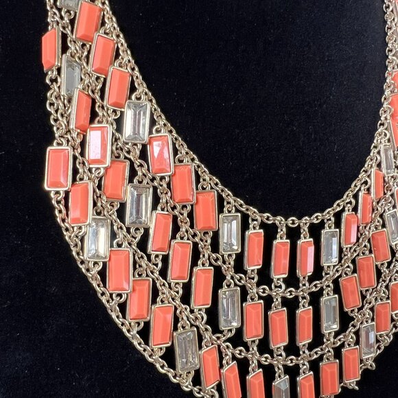 Banana Republic Milly 3 Layer Bib Necklace Orange Coral Gold Rhinestone … - Picture 9 of 9
